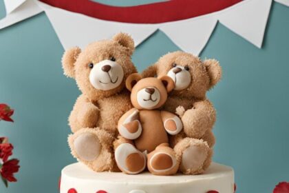 Picnic-themed cake with teddy bears on a grassy base.