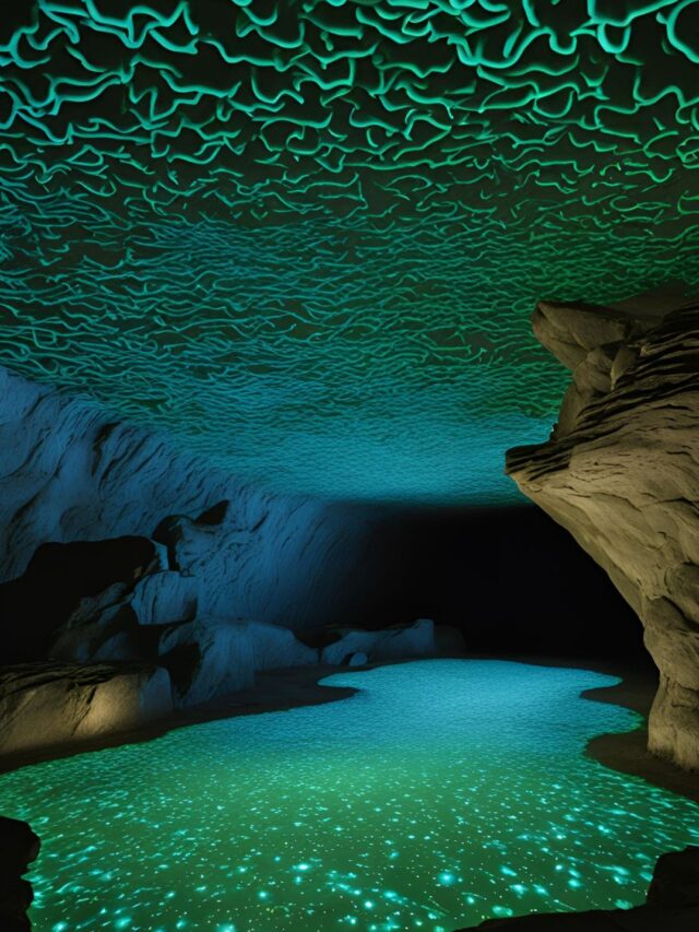 Glow worms lighting up a cave in blue hues.